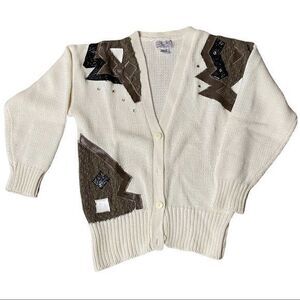 Vintage Spice of Life‎ Women's Cardigan Sweater Knitted Brown White Large